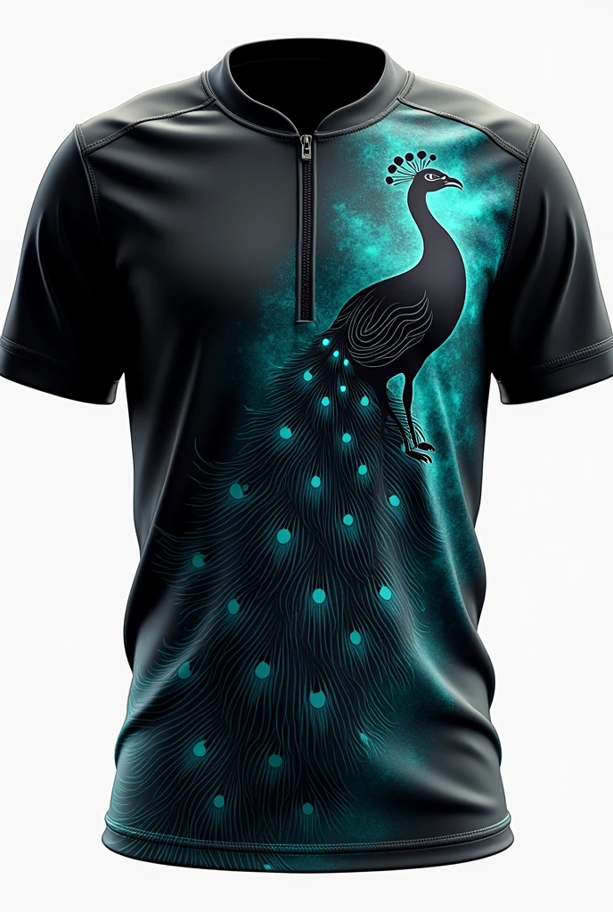 Create an interclass jersey to play at school, black with blue and green, Now make a peacock without color but the shirt still has its black, blue and green tones 