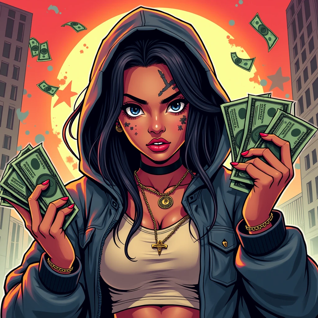 Cool rapper girl, asian woman, full body, hoodie, money, calling, face tattoos, comic stile, album cover, text: „Calling wif da racks“, title says „Calling wif da racks“, action, money_stacks