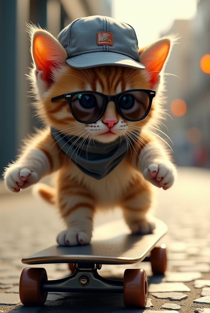 Skater Kitten: A kitten in a skateboarding pose, wearing a cap and sunglasses. The metallic finish gives a special shine to the skateboard and the kitten&#39;s clothing.