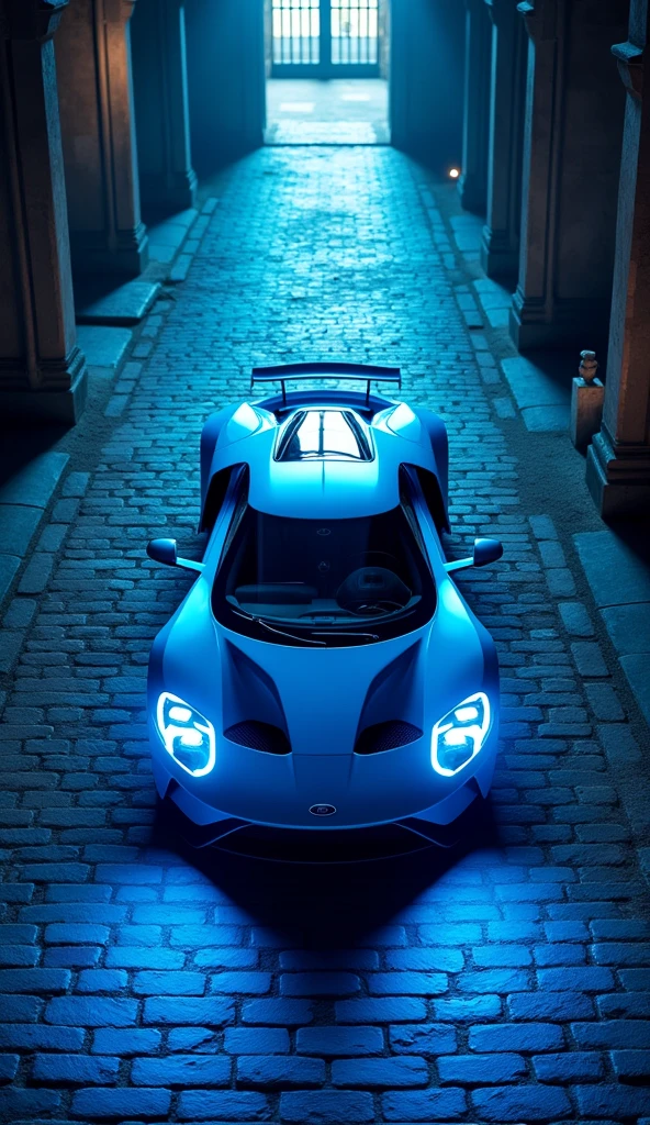 A close up of a bright blue 2017 Ford GT sports car parked inside an old cathedral with brick road, viewed from the top, top down angle blue lighting and highly detailed blue glows in the air, amazing, blue neon atmosphere, photo, cinematic, vibrant, dark fantasy