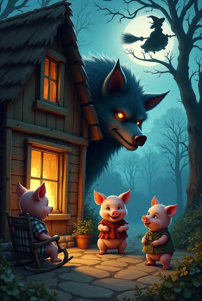 Make a cover for the story of the three little pigs, that the three little pigs can be seen inside their house and that outside the wolf is watching them through the window,wanting to eat them and you see a witch mommy pig flying on a broom in the background