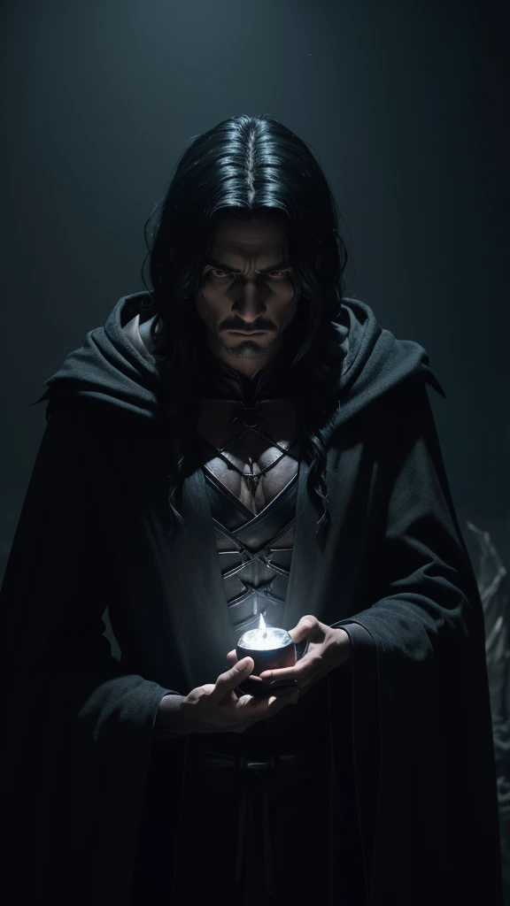 A sorcerer partially made of shadow, wearing a black robe, black hair, ethereal appearance, specializing in blood and bone magic, highly detailed, dramatic lighting, cinematic, dark fantasy, moody atmosphere, rich colors, dramatic pose, intricate details, sinister expression, intense gaze, (best quality,4k,8k,highres,masterpiece:1.2),ultra-detailed,(realistic,photorealistic,photo-realistic:1.37)