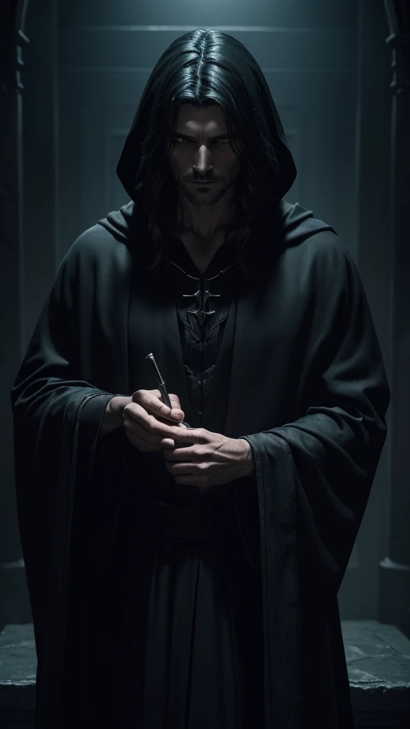 A sorcerer partially made of shadow, wearing a black robe, black hair, ethereal appearance, specializing in blood and bone magic, highly detailed, dramatic lighting, cinematic, dark fantasy, moody atmosphere, rich colors, dramatic pose, intricate details, sinister expression, intense gaze, (best quality,4k,8k,highres,masterpiece:1.2),ultra-detailed,(realistic,photorealistic,photo-realistic:1.37)