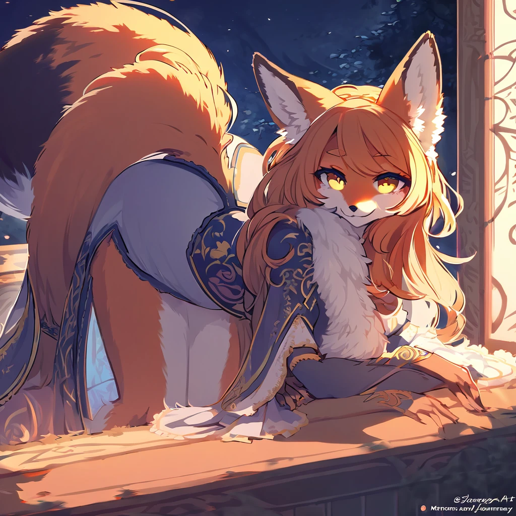 red fox, female, vixen, bending over, side view, beautiful, hair, yellow eyes, full body, night, moody, elegant, mysterious, friendly smile, lovely, heart, tattoo on hips, highres, unparalleled masterpiece, perfect artwork, absurdres, rzminjourney, vector-art, masterpiece)(kemono, furry anthro), detached sleeves