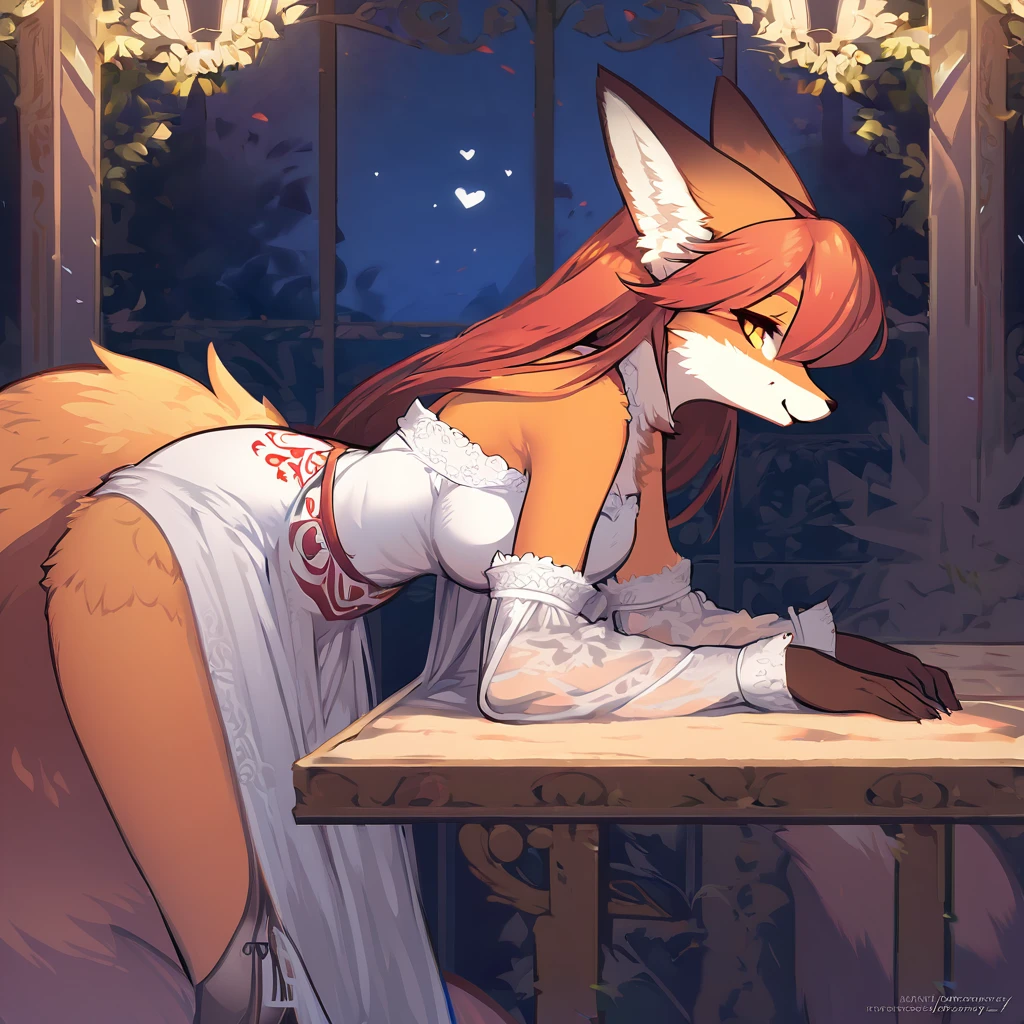 red fox, female, vixen, bending over, side view, beautiful, hair, yellow eyes, full body, night, moody, elegant, mysterious, friendly smile, lovely, heart, tattoo on hips, highres, unparalleled masterpiece, perfect artwork, absurdres, rzminjourney, vector-art, masterpiece)(kemono, furry anthro), detached sleeves