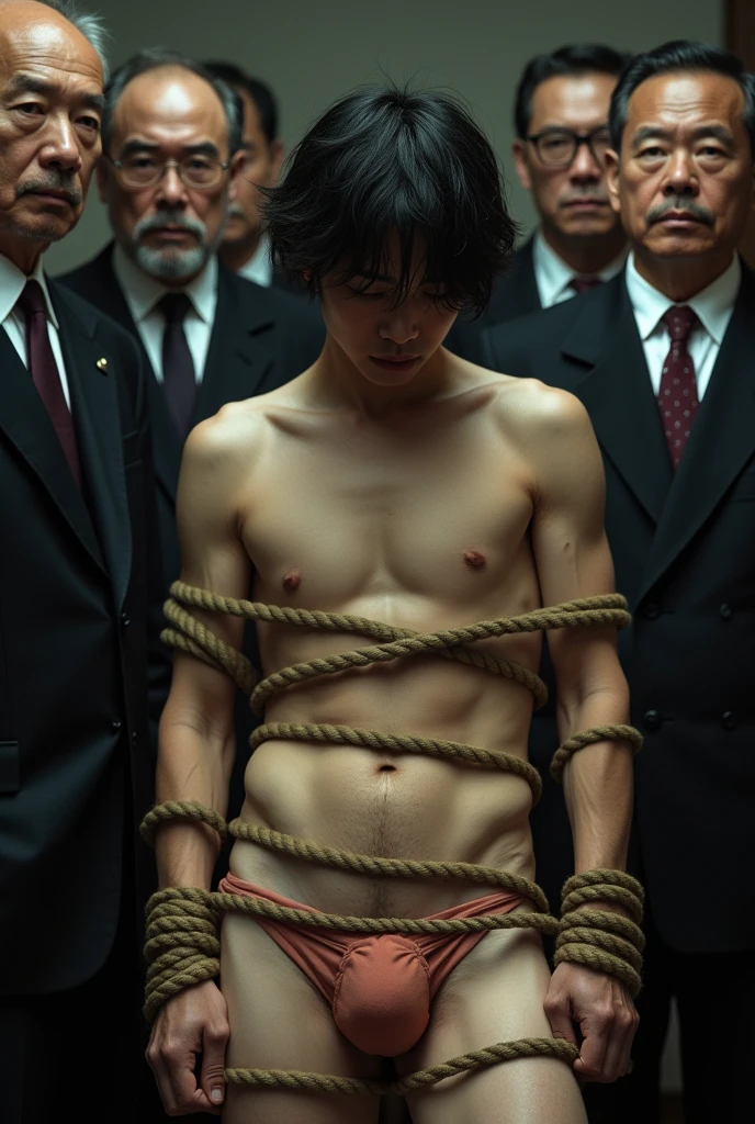 1boy、Photo Quality、Handsome Men、Mash Hair、Japanese male, 、Completely 、Full nudittion、Hu、Highest qualialistic、beautiful、Sad look、 ((((Completely tied up with rope)))), (ry tight rope is crisscrossed over the chest)))),(((Body bound with tight rope))) 、Surrounded by old men in suits