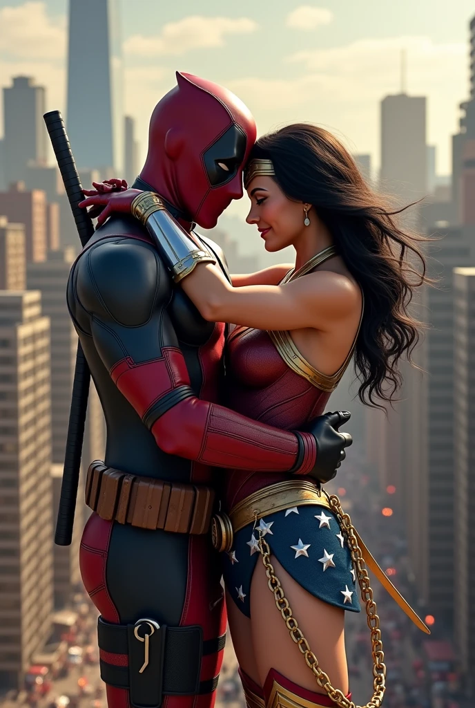 (((high quality:1.2))), Work of art, (8k), extremely detailed, ((High detail:1.2)) ((best resolution)), 2 people, ((deadpool character hugging wonder woman)), 