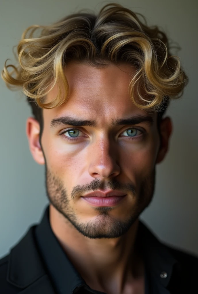 A man with intermediate skin color and blond curly hair, with black eyes, with thin lips and a straight nose