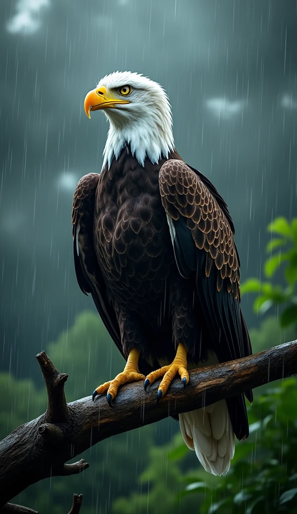 Create an ultra realistic 8k image of a Bald Eagle in the rain 