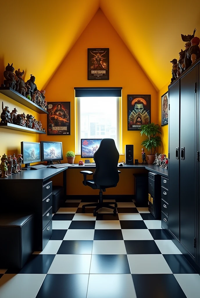 room gamer, Triangular format, Black and white checkered floor, very light yellow walls, shelves with action figures, locker, movie posters