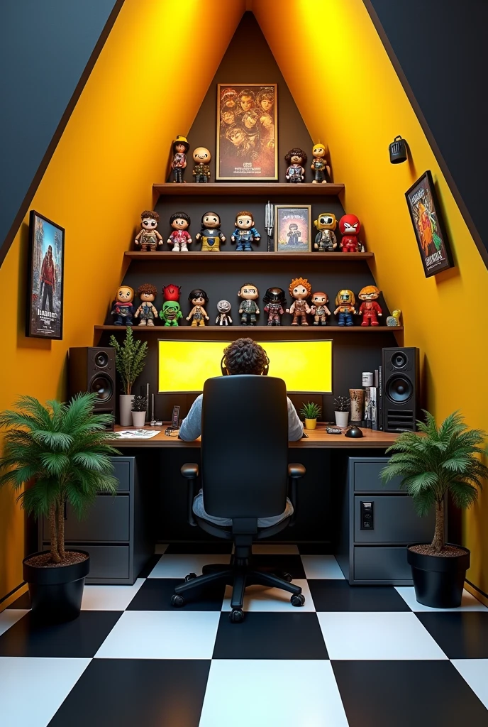 room gamer, Triangular format, Black and white checkered floor, very light yellow walls, shelves with action figures, locker, movie posters