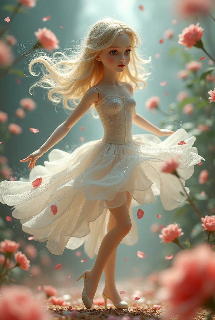 I would like a beautiful doll created with dancing flower petals that transforms as it dances.