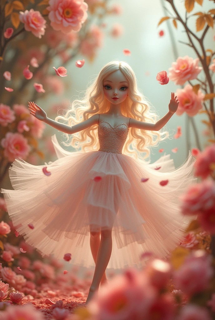 I would like a beautiful doll created with dancing flower petals that transforms as it dances.
