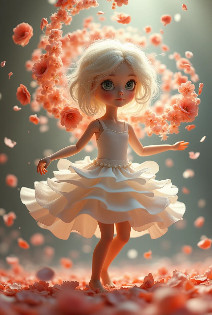 I would like a beautiful doll created with dancing flower petals that transforms as it dances.