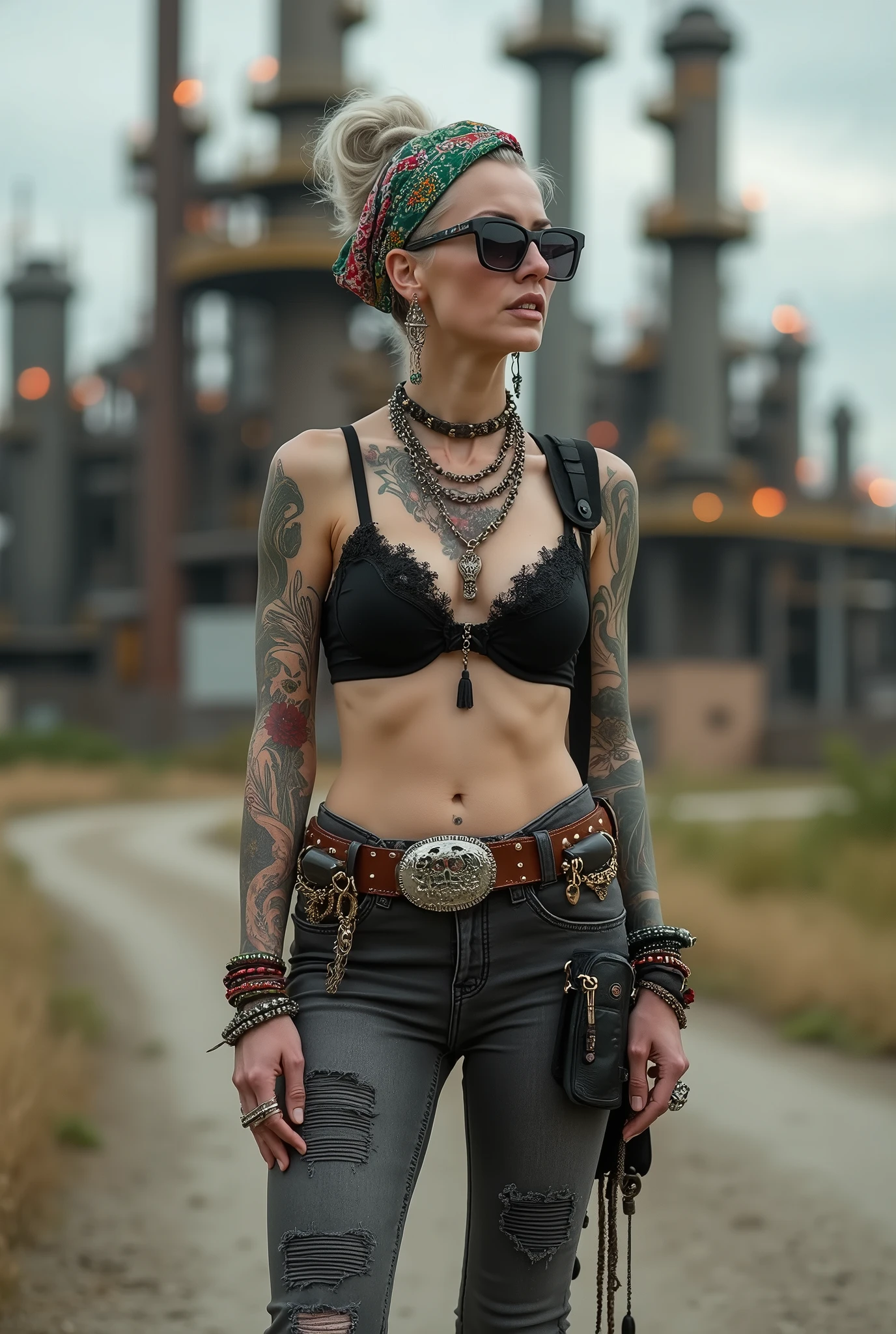 russian old milf woman, grey hair (bouffant, top bun) and oversized square sunglasses and wide colourful bandana as headband, with very light green eyes, extremely pale. Big lips. Black lace push up bra, silicone breast,, dark worn skinny low rise grey jeans with holes on knees ( patched with colourful fabric). Flip flops. Lots of thick wide studded bracelets, chain collars and big rings. Tacky wide studded leather belt with big skull and bones oval buckle. Two pistol holsters hanging from crossed loose belts,. Long earrings with chains and feathers. Standing with legs apart, hands on her hips, stretching her neck and looking up in surprise craving., Neck, chest, stomach and wrists heavily tattoed. Toned abdominals, thin neck, slim legs and thin arms. Narrow hips . Guarding an entrance at an oil refinery