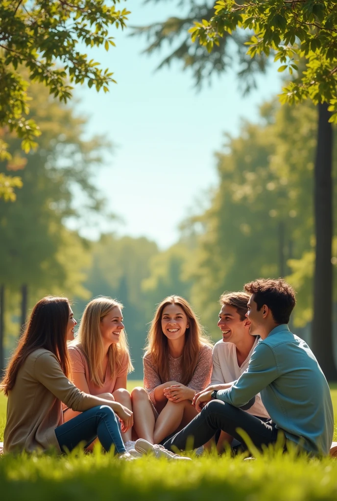 Take a picture of a sunny scene in a park, where five friends (2 women and 3 men) are sitting together in a circle, smiling and talking. The image conveys a sense of unity and friendship. Ao fundo, green trees and a clear blue sky.