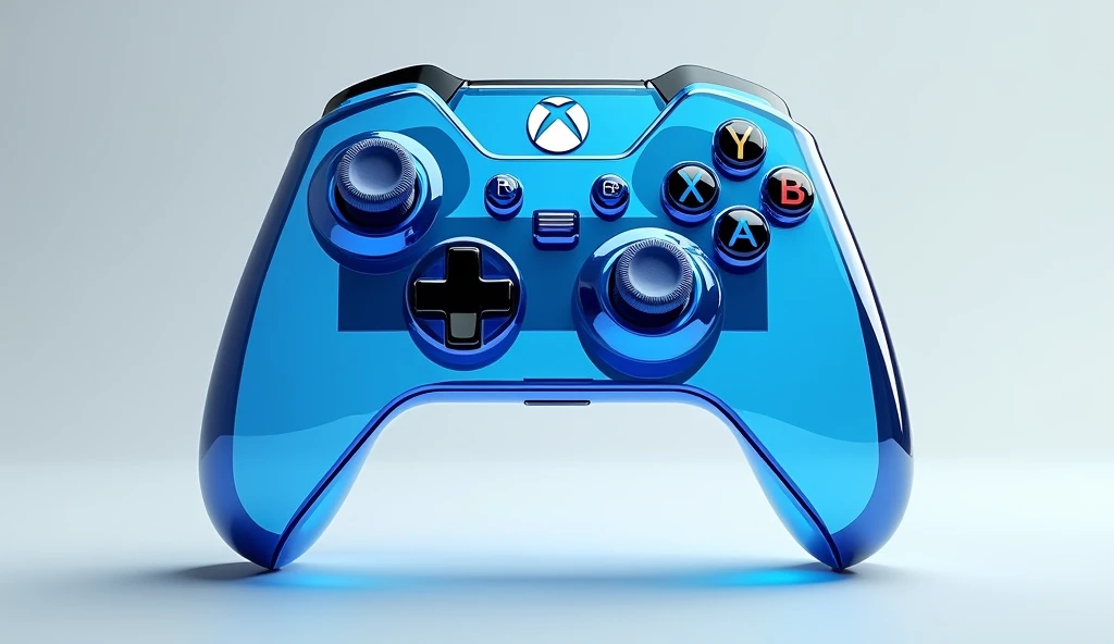 A realistic 3D style image of an Xbox controller in clear blue acrylic in the shape of a logo.