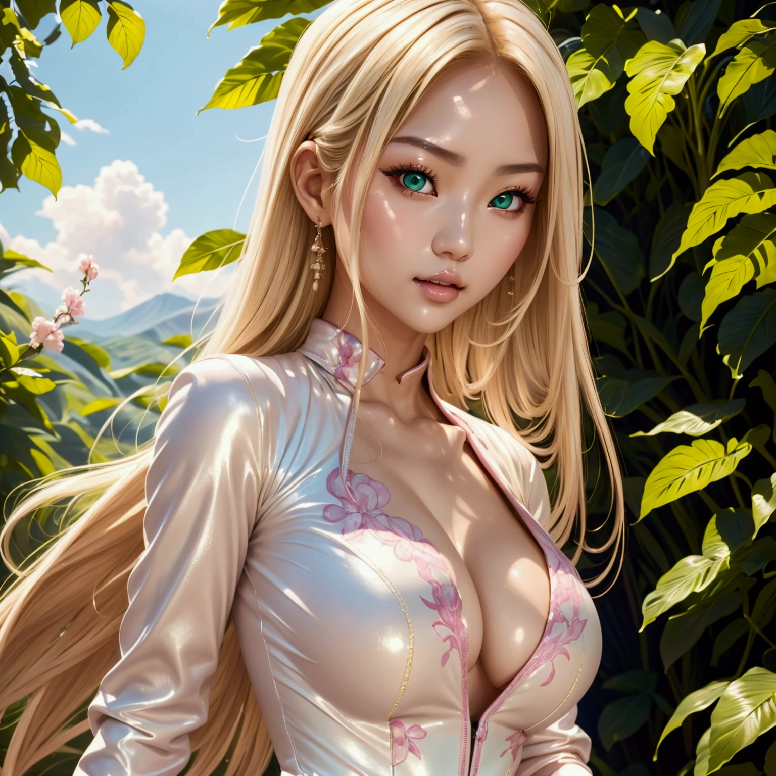 A close up of a beautiful blonde femal asian, perky breasts, pink long hair, green eyes, a white see throught skin tight jumpsuit romper. Realist high quality image, natural scenery