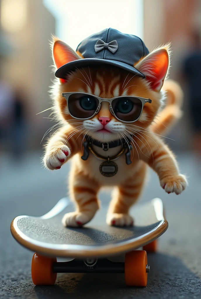 Skater Kitten: A kitten in a skateboarding pose, wearing a cap and sunglasses. The metallic finish gives a special shine to the skateboard and the kitten&#39;s clothing.