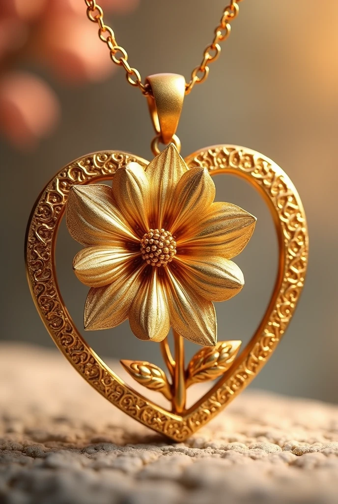 Gold flower pendant and gold heart pendant combined and create one pendant