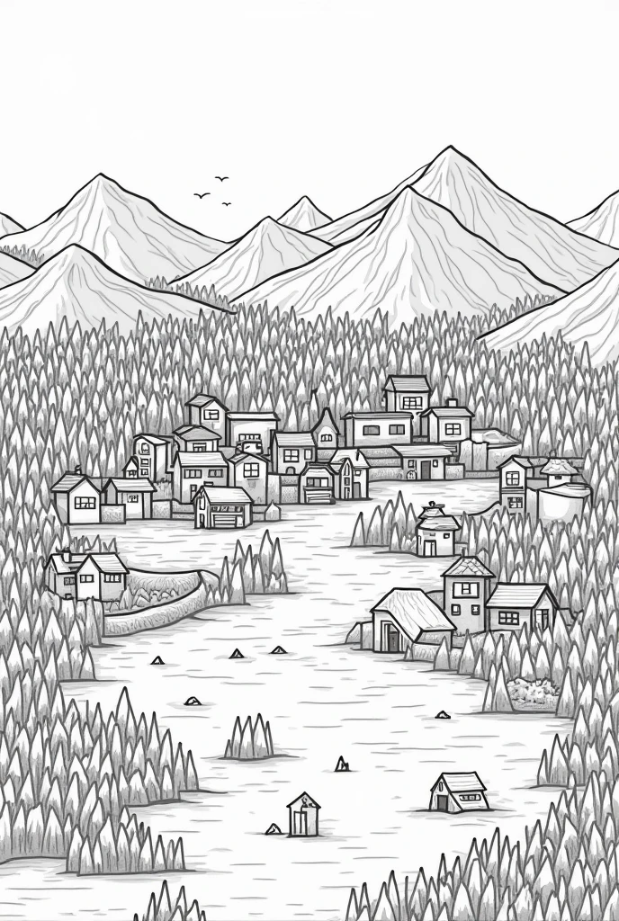 Draw a map on flat paper showing a small town and a forest around the town., some mountains, a lake and a field The map has to be black and white