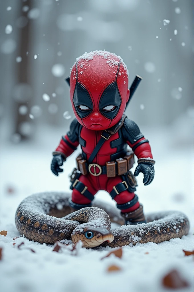 Create a blizzard, put baby Deadpool stepping on a dead snake's head