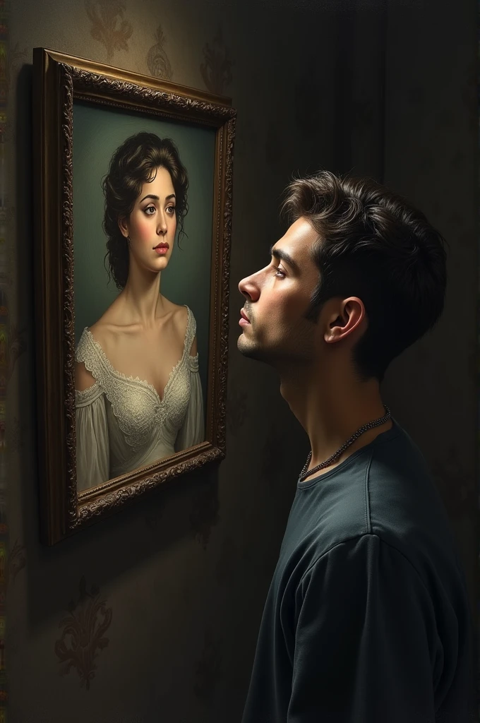 "Un homme pensif regardant un portrait d'une femme en dentelle, son visage réfléchi et mélancolique, avec des pensées d'amour et de désir en arrière-plan."
