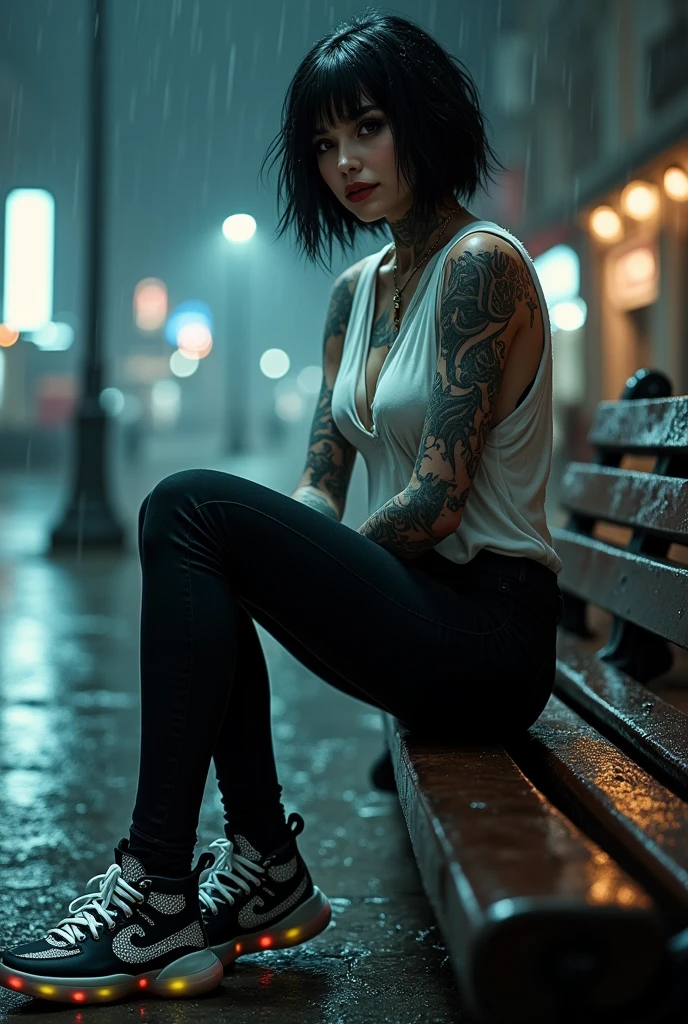 Detailed image / A beautiful white gothic woman, smiling, wet moist skin, short black hair, full of black tattoos, big breasts, wearing a white graffiti blouse, wearing black jeans, wearing sneakers with a white dragon with LED, sitting on a bench in a rain-soaked square, close-up image, super realistic, ultra realistic high quality image, 4k, 8k lots of details, realistic lighting and skin tone, detailed dark background