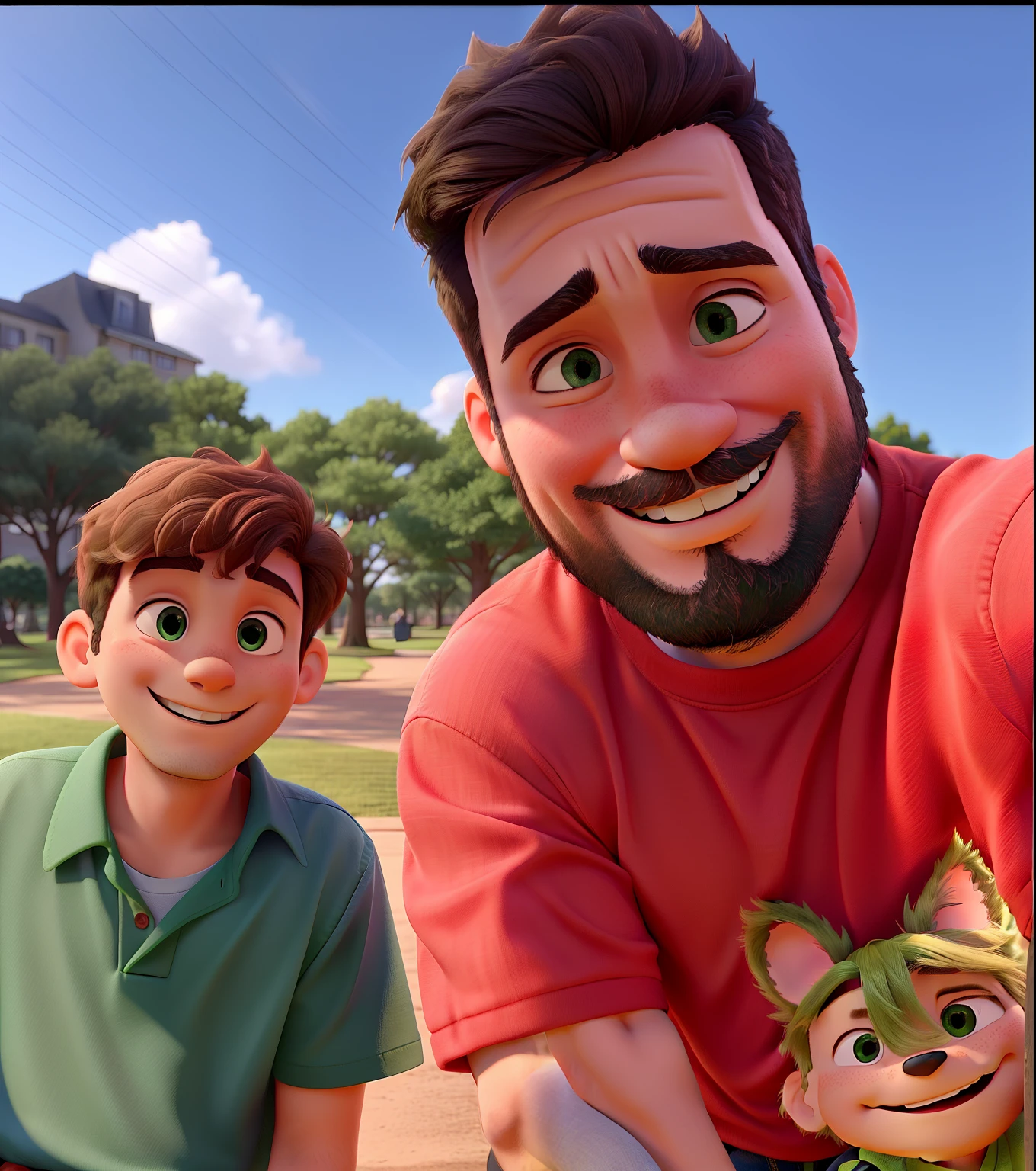 A father and son in a park taking a smiling selfie, the father is wearing a red shirt and the son is wearing a green one