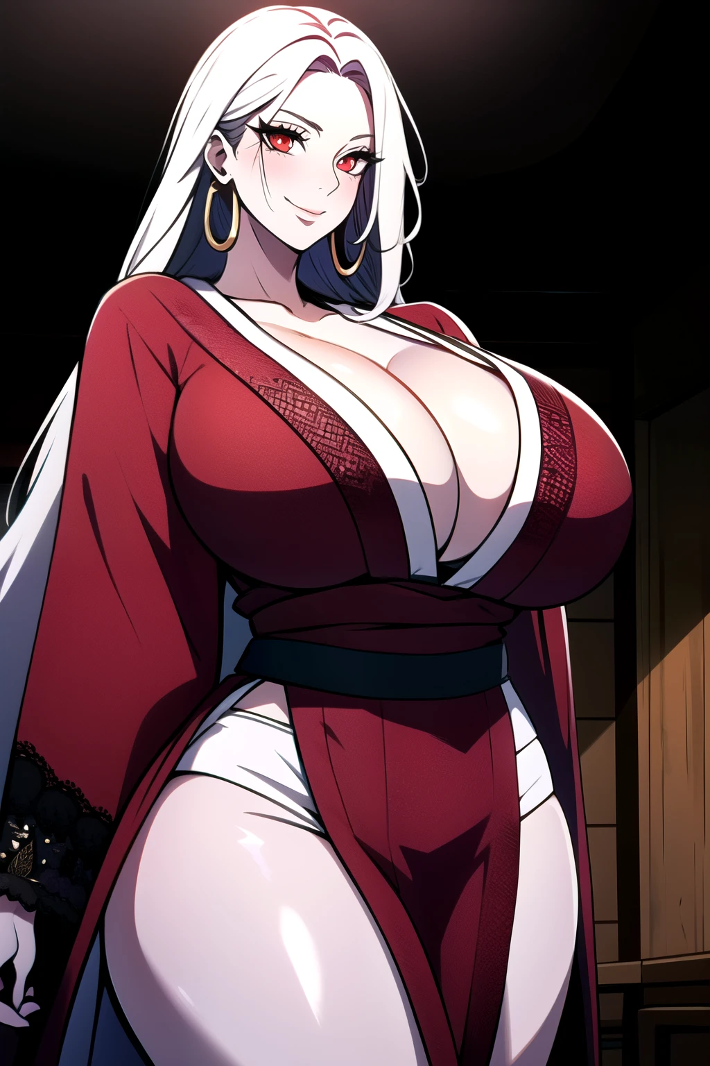 ultra realistic 8k cg, masterpiece, ((ultra detailed background, intricate detail, highly detailed, fine details best quality, hyperdetailed face)), gigantic ,beautiful lighting, absurdres, BoaHancockV2, 1girl, solo, (white hair), long hair, jewelry, closed mouth, ), cleavagt kimono : 1.1), (cleavage),, curiff, curvy, thighs, shiny clothes), red eyes, complex detailed background, indoor, palace), ((cowboy shot)), curvy, (gigantic breasts: 1.1), seductiv, cowboy shot, earrings, jewelry,