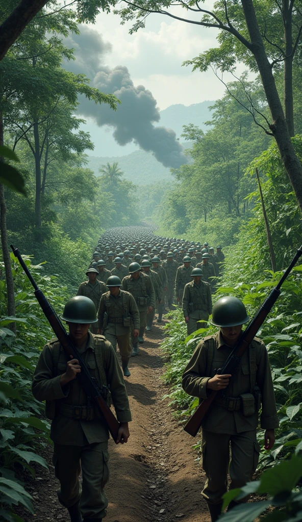 Japanese soldiers advancing through the jungles of Southeast Asia, capturing territory with disciplined precision. The landscape is lush and green, but the mood is ominous, with distant smoke indicating ongoing battles.