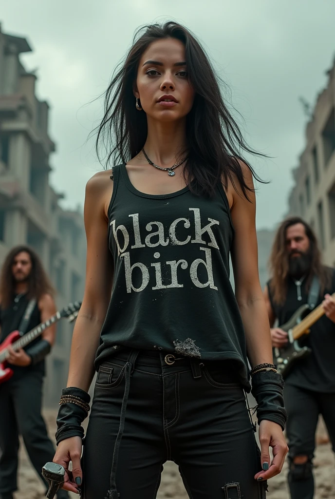 Apocalyptic rock band woman singing wearing a tank top with the grey text "Blackbird"