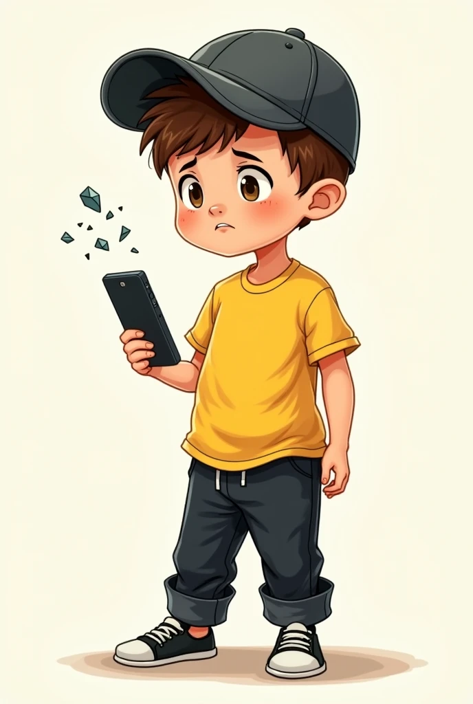 A boy doodle wear black pajama and yellow t-shirt and p cap holding broken cel phone and showing looking unhappy