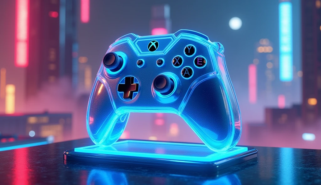 A realistic 3d style image of an xbox controller in clear blue acrylic on a cyberpunk style background