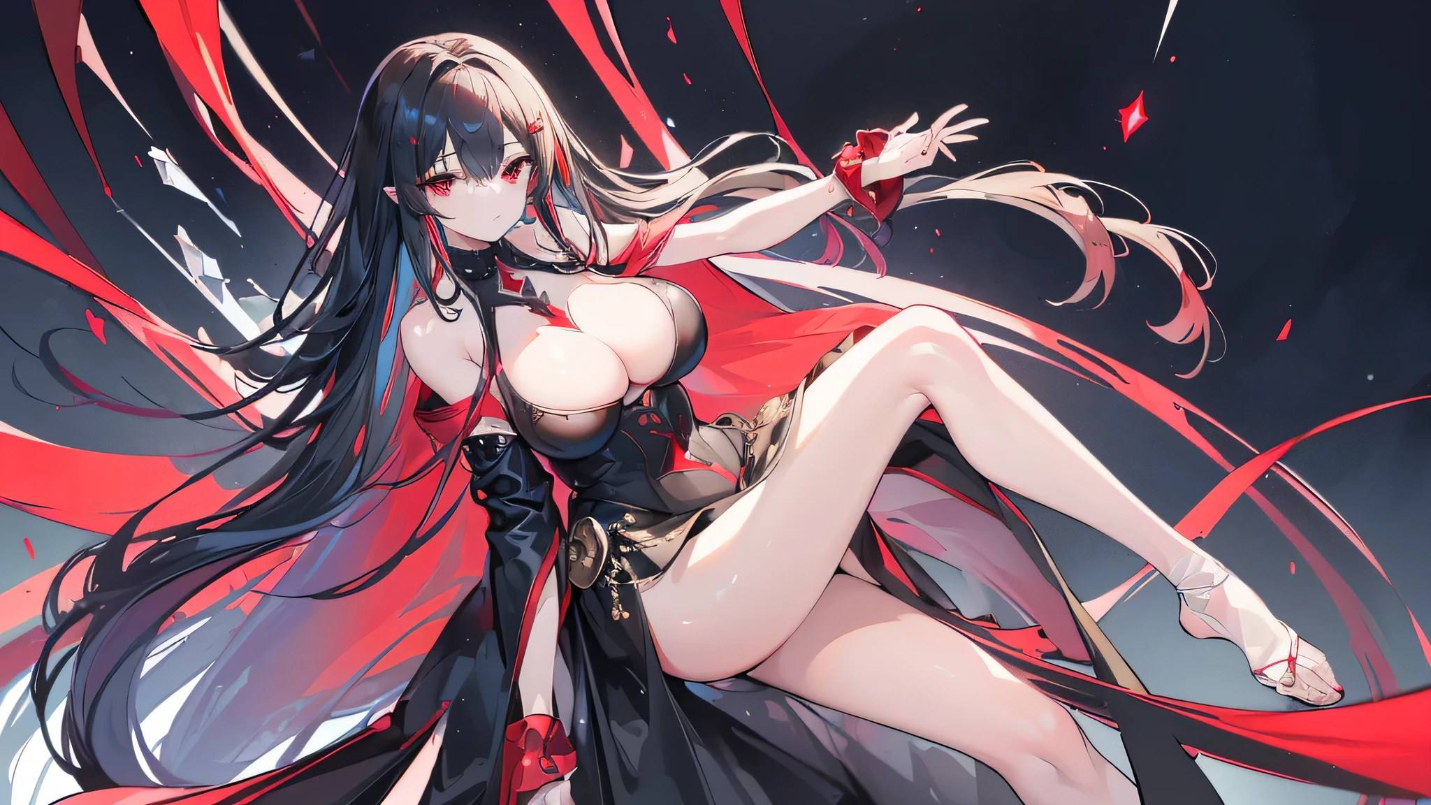 Exquisite eyes),(Clear and beautiful eyes:1.61),masterpiece, ung girl,(Black clothes and some red gems), Black long hair, (She has a huge red gem on her chest), Good Hand,((The Havoc of StarCraft)),full-body shot,Fighting Stance,(Red Eyes:1.466),short and small,(Very big breasts:1.35),(Pretty Face),(full-body shot:1.33),Beautiful hands