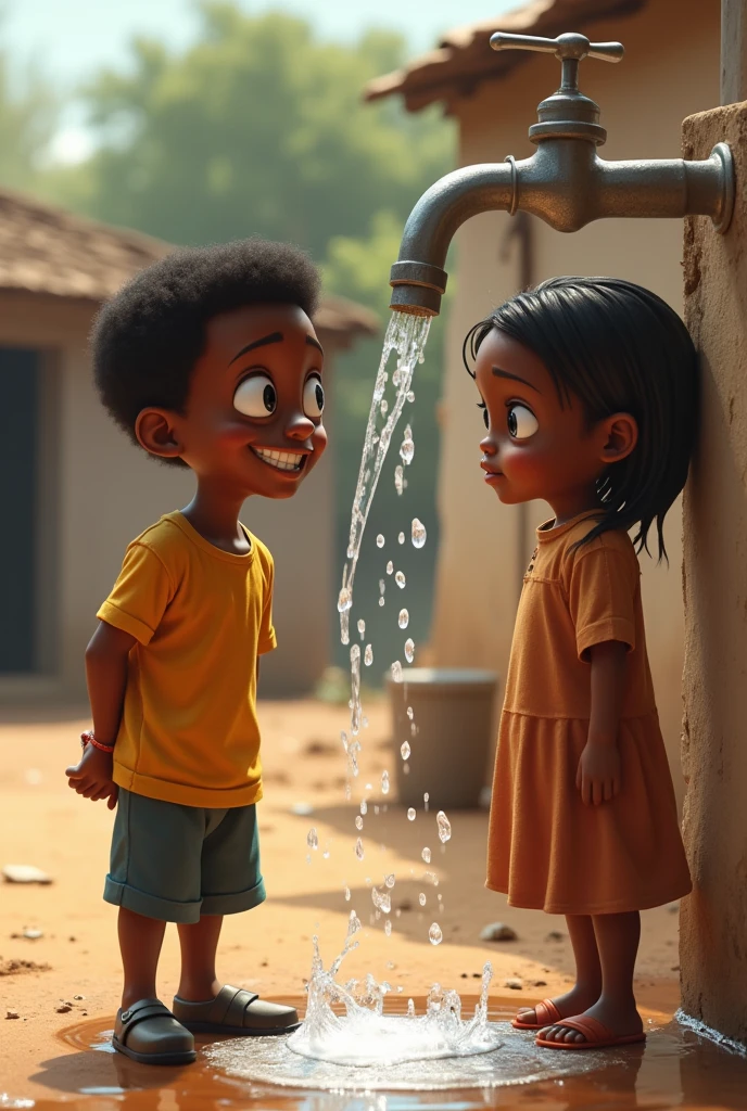 An african boy looking behind his back with a grin on his face  with his hands under sa running tap and a girl lioking at him