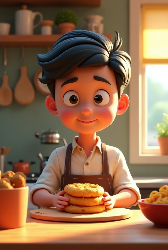 Create a 3d -Pixar style cartoon scene, Where a man, short black hair 2, He is in the kitchen making delicious snacks such as coxinha and risoli 