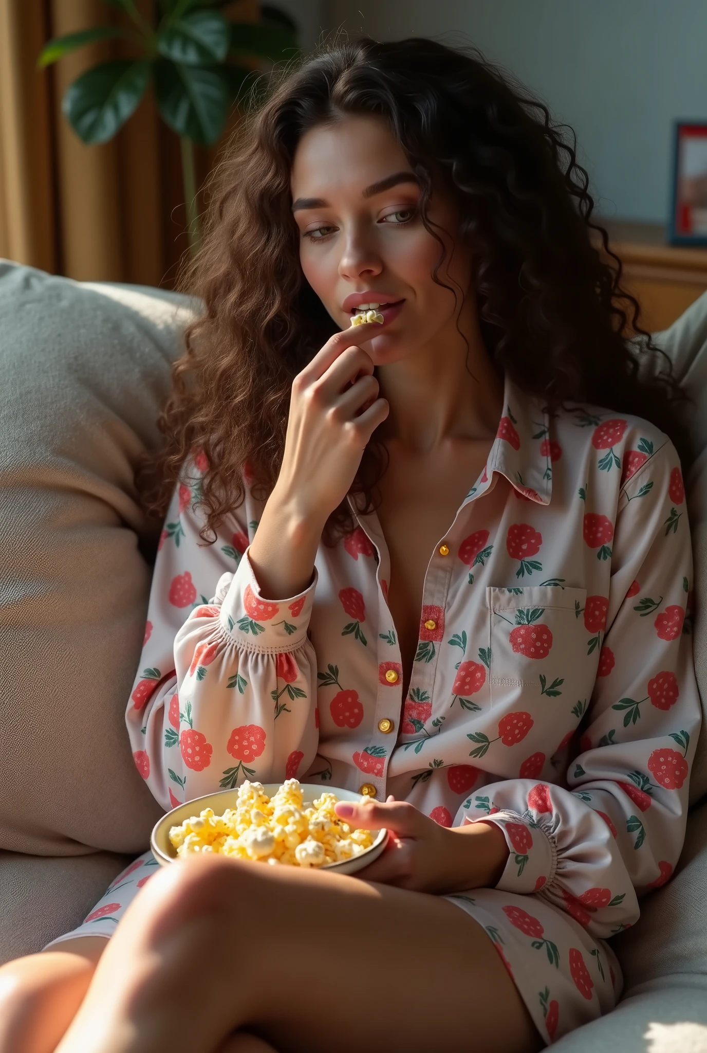 (photorealism:1.2), beautiful woman, ( colorful home clothes ), biting nails, at home, living room, eating popcorn, long curly hair, indoors, soft lighting, relaxed pose, realistic, intricate details, warm colors, 