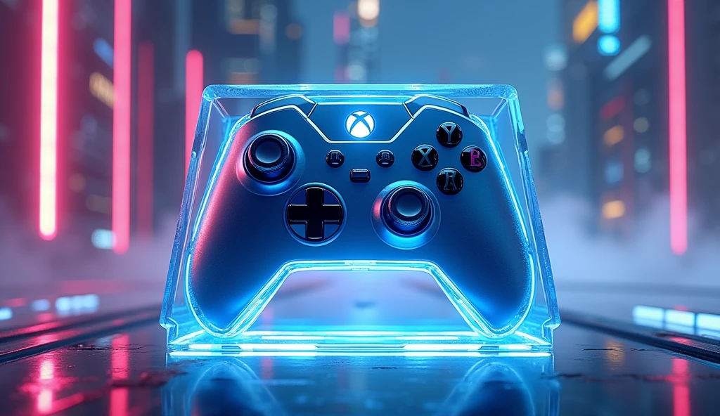 A realistic 3d style image of an xbox controller in clear blue acrylic on a cyberpunk style background
