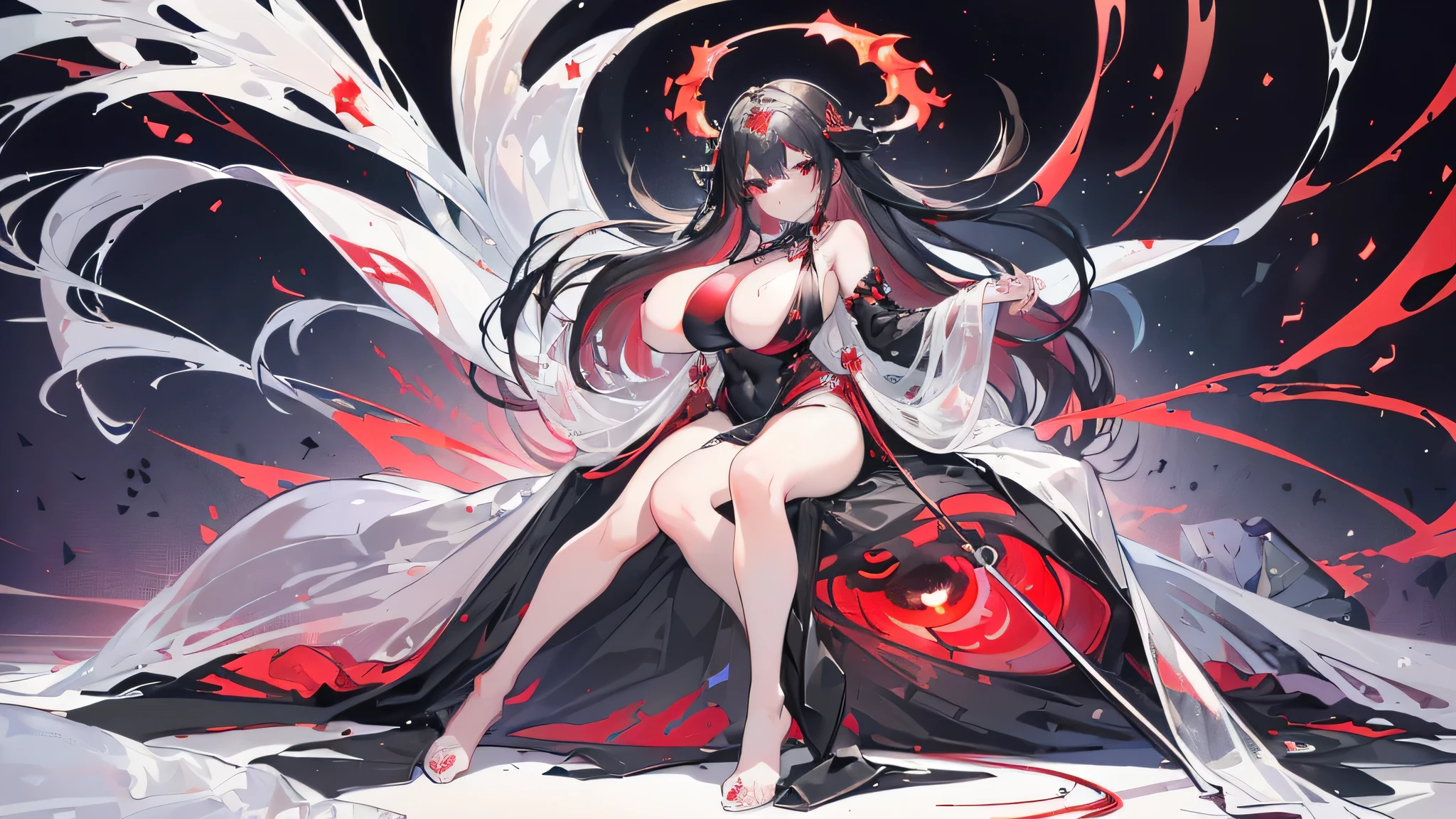 Exquisite eyes),(Clear and beautiful eyes:1.61),masterpiece, ung girl,(Black clothes and some red gems), Black long hair, (She has a huge red gem on her chest), Good Hand,((The Havoc of StarCraft)),full-body shot,Fighting Stance,(Red Eyes:1.466),short and small,(Very big breasts:1.35),(Pretty Face),(full-body shot:1.33),Beautiful hands