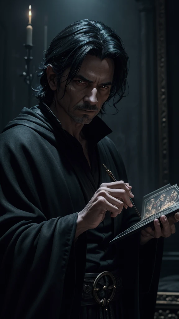 A middle-aged sorcerer, wearing a black robe, black hair, ethereal appearance, specializing in blood and bone magic, highly detailed, dramatic lighting, cinematic, dark fantasy, moody atmosphere, rich colors, dramatic pose, intricate details, sinister expression, intense gaze, (best quality,4k,8k,highres,masterpiece:1.2),ultra-detailed,(realistic,photorealistic,photo-realistic:1.37)