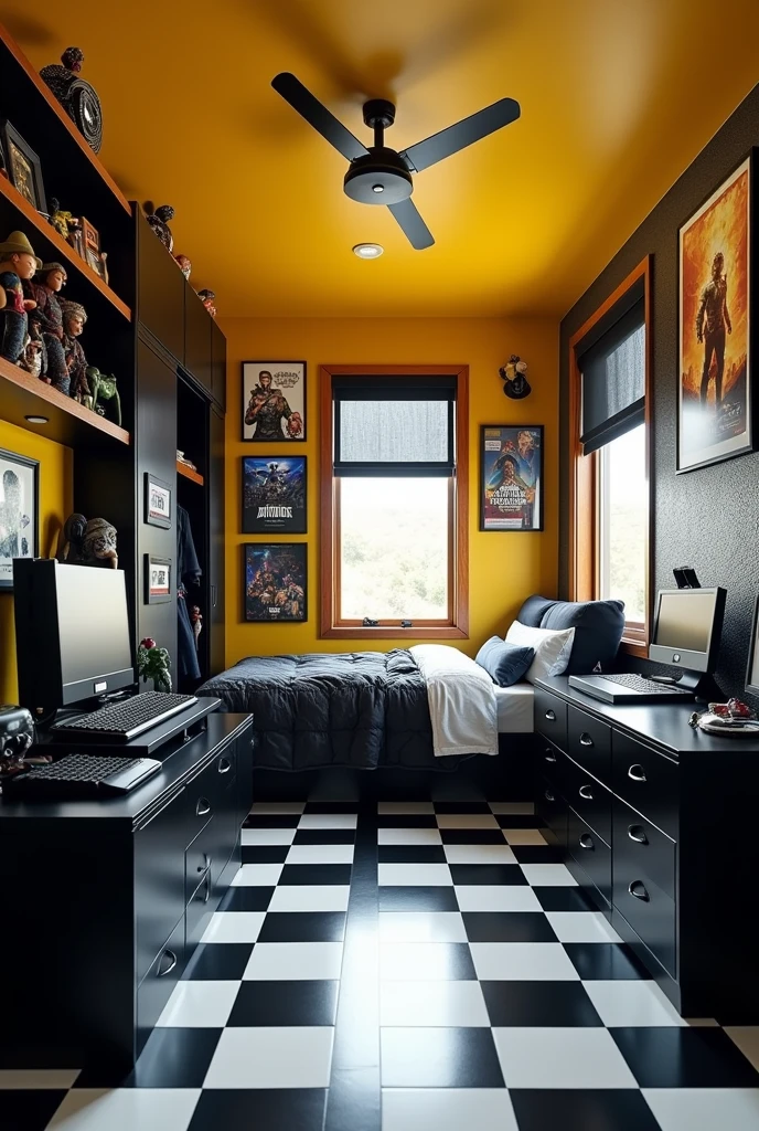 room gamer, floor with triangular measurements, Black and white checkered floor, very light yellow walls, shelves with action figures, clothes closet, movie posters, bed-in