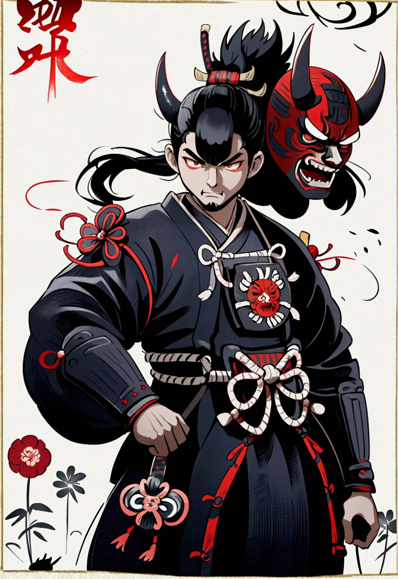 demon poster with sword and flowers, demon samurai, demon samurai warrior, samurai with demon mask, samurai, feudal Japanese art, Beeple and James Jean, demon samurai mask, Japanese god, samurai portrait, oni, samurai mask, neon samurai, glitches, neon glow