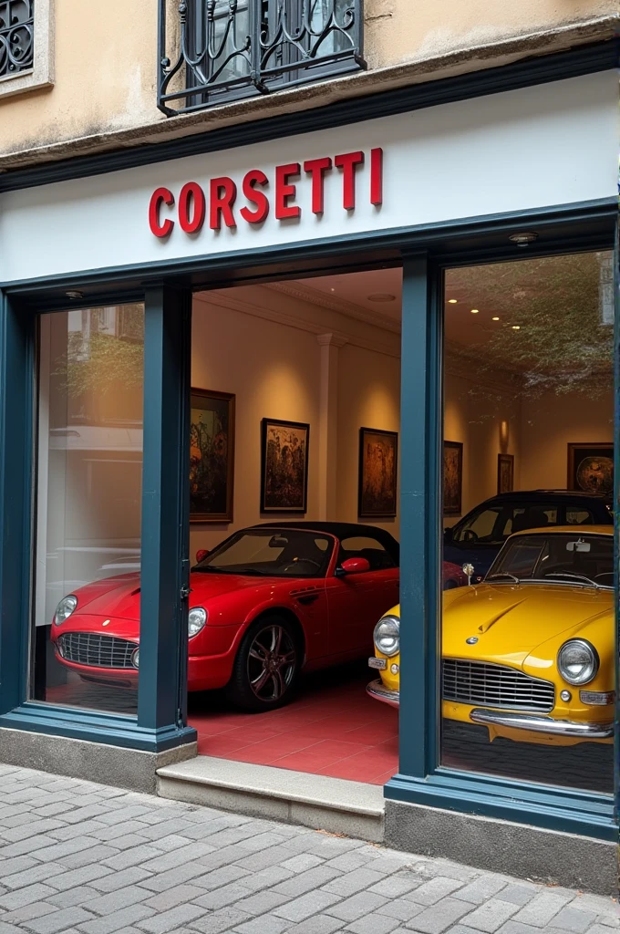 Facade of a car shop with the name corsetti vehicles italian colors