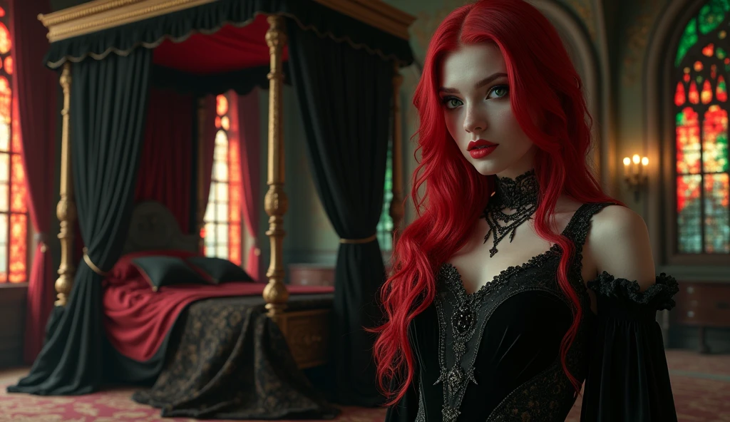 An extra wide angle on a big full room 16:9,(masterpiece Quality),(insanely detailed interior design of a vampire lair in dark gothic medieval style),(royal canopy four-poster bed, black-matte velvet drapes 16k),(An ultra hot,1 female age 18),(random poses),(realistic,fine detailed ultra-thick,long bright,vibrant colours,blood red:0.9,golden shimmering:0.1 hair),(extra large,high contrast,green:0.9, bright yellow:0.1 eyes),(extra long,thick,dark eyelashes),(blood red,plump lips),(beautiful eyes),(detailed hands,realistic long monsters claws on 5 fingers each hand:2.0)best quality body,wide hips,Big breasts, natural nipples,big ass,(glowing skin:1.2),(2 perfect legs:1.1),(Look at me),a serious, direct gaze at the camera,(best quality,16k,highres,One piece of stained ibrant red:1.1,green:0.9 coloredglass window to the right, night scene,vibrant red:1.1,green:0.9 colored (Ray Tracing),detailed intricate patterns,architectural element,dark and mysterious atmosphere, flickering candlelight,medieval-style candelabrum,(rich, deep black, base color,stunning play of light and shadow:2.0),(all in wide room spectrum:2.0).#The entire setup is masterpiece 1:3 framed with the grandeur of royal,medieval gothic style, focus on entire room 16k#