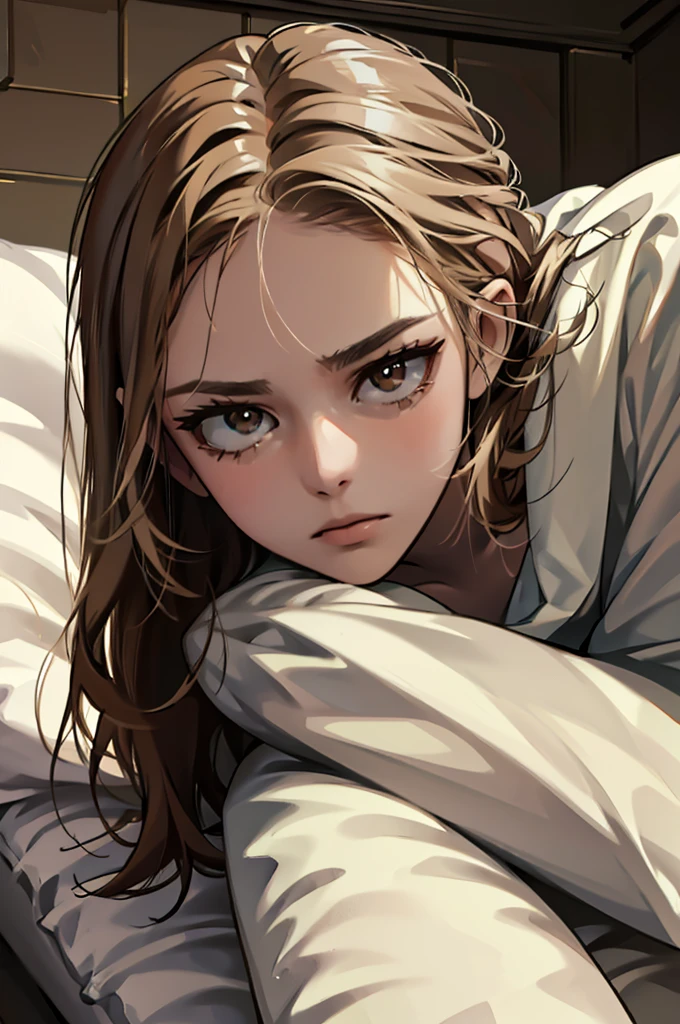 Aerial view of a girl lying on a pristine white bed, with her long wavy brown hair spread across the pillow. She is wearing a soft pajama, and her brown eyes show a determined expression. Subtle dark circles underline her eyes, adding depth to her gaze. The surrounding environment is cold and muted, with dim, cool-toned lighting that contrasts sharply with her intense look. The overall atmosphere of the room is quiet and almost sterile, further highlighting the warmth and strength in her expression.