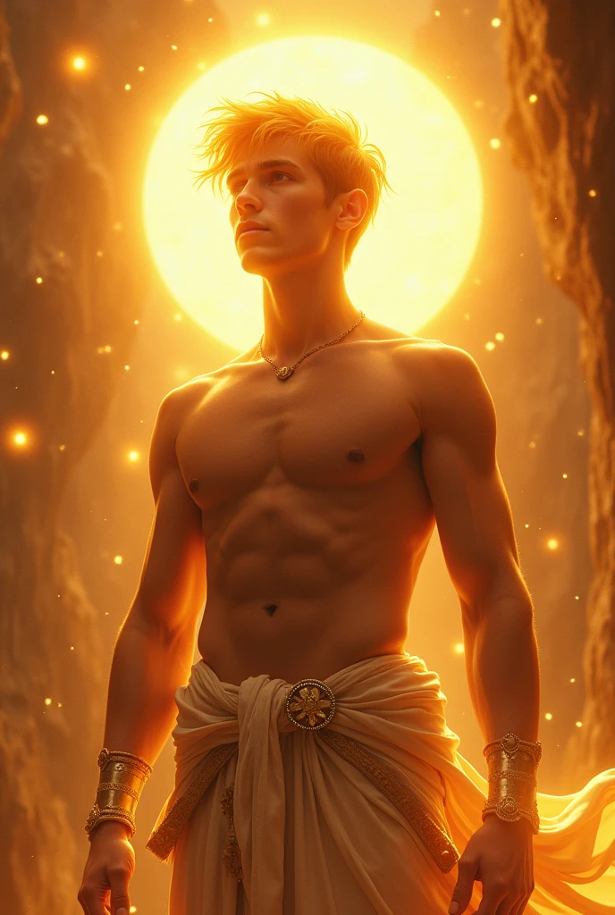 a young man, sun king, deity, short glowing hair, exposed chest