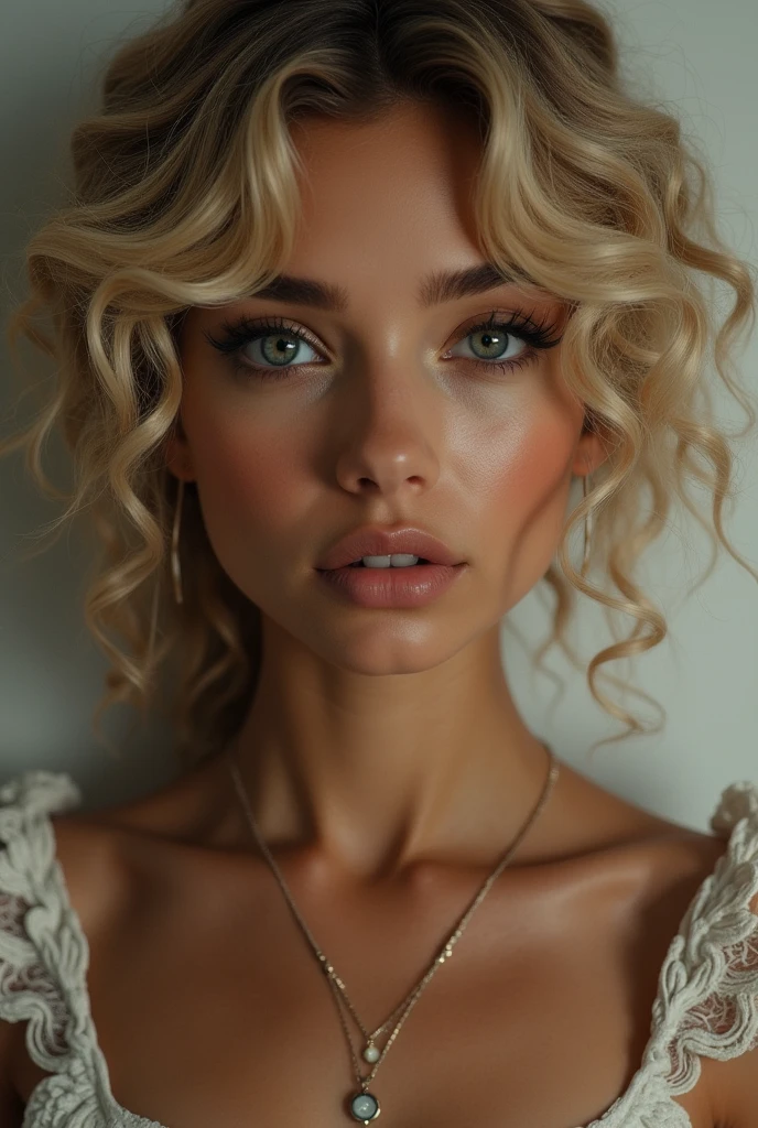 A woman with brown skin color and curly blonde hair, with black eyes, with thin lips and a straight nose