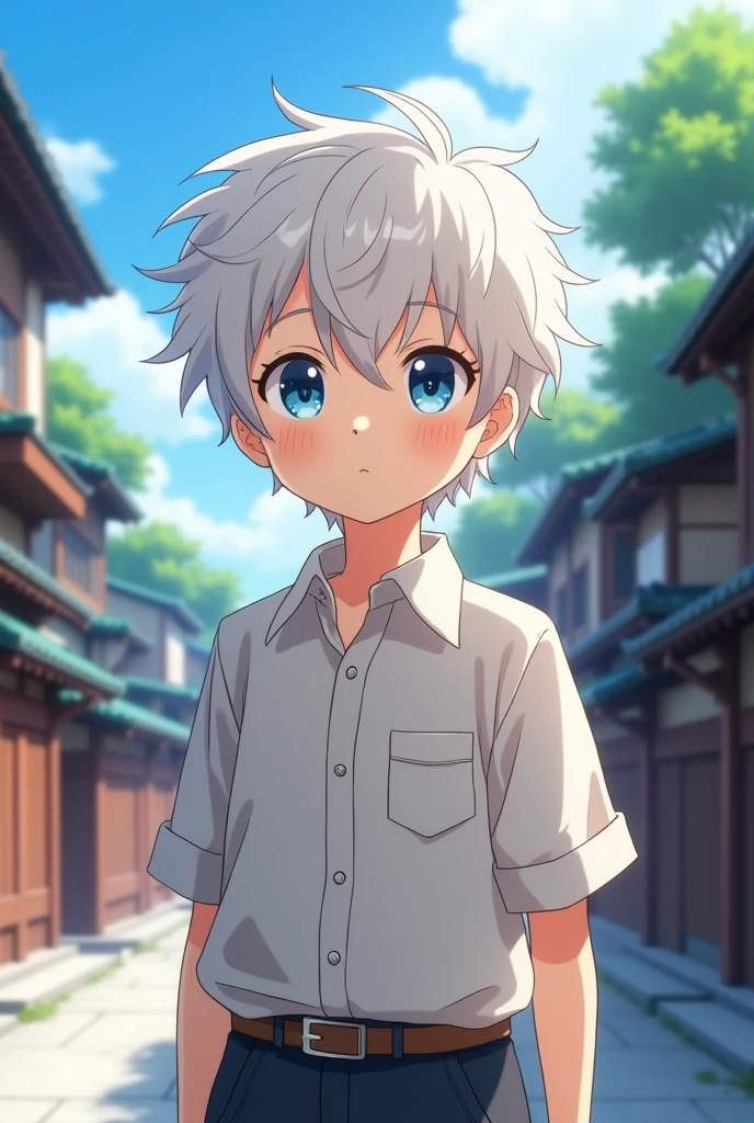cute boy, short white hair, blue eyes, Korean casual clothes, Kyoto Animation animated style