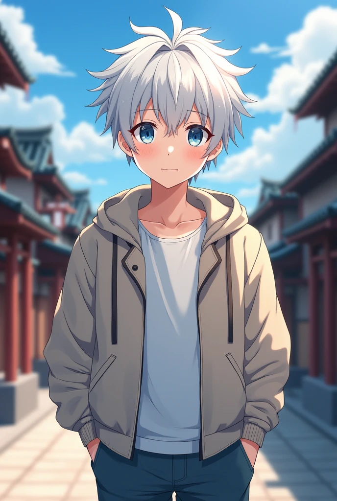 cute boy, short white hair, blue eyes, Korean casual clothes, Kyoto Animation animated style